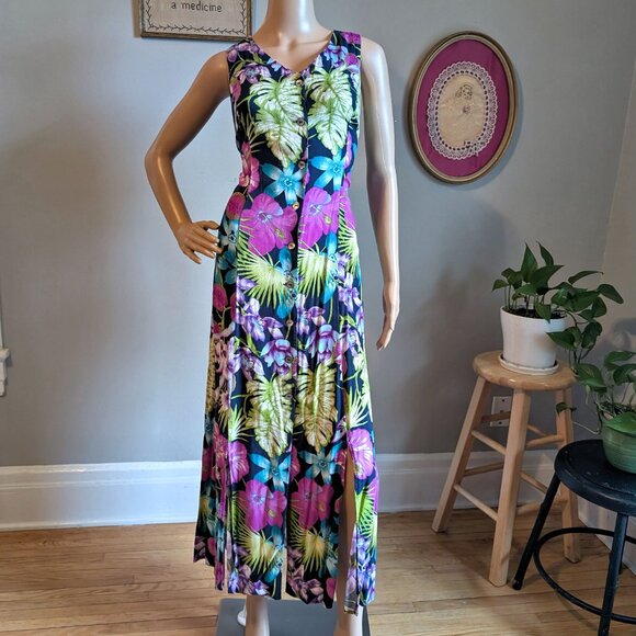 Vintage 90s Scarlett Midi Dress Button Front Tropical Print Funky Cottagecore 13 - Picture 16 of 16